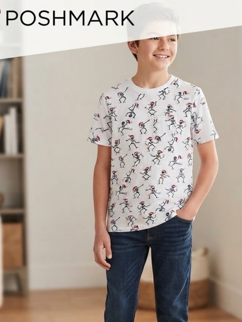Eighty Eight White Tee with Black Skeleton & Red Hat Print